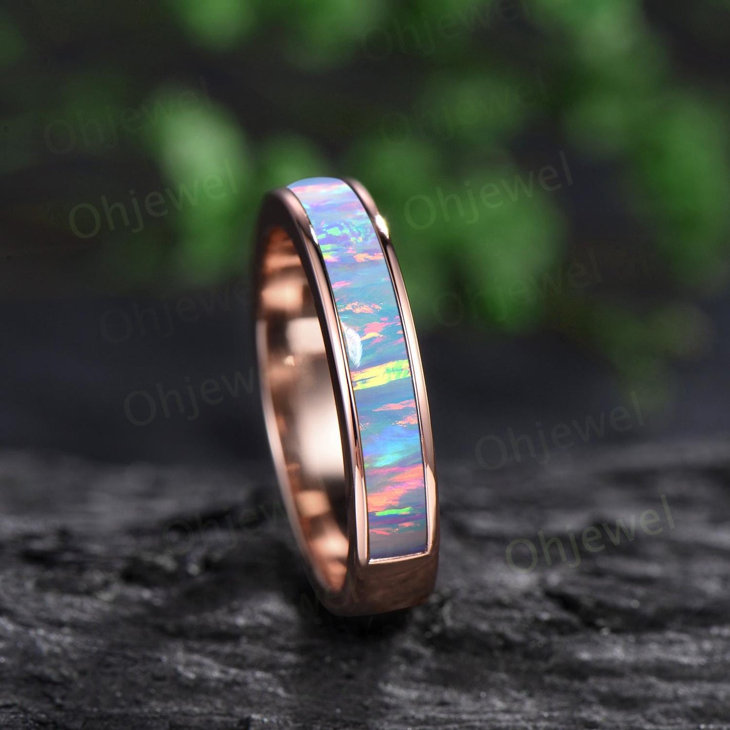 Half eternity bezel white opal wedding band mens stacking ring 14k rose gold unique engagement bridal ring for husband him silver