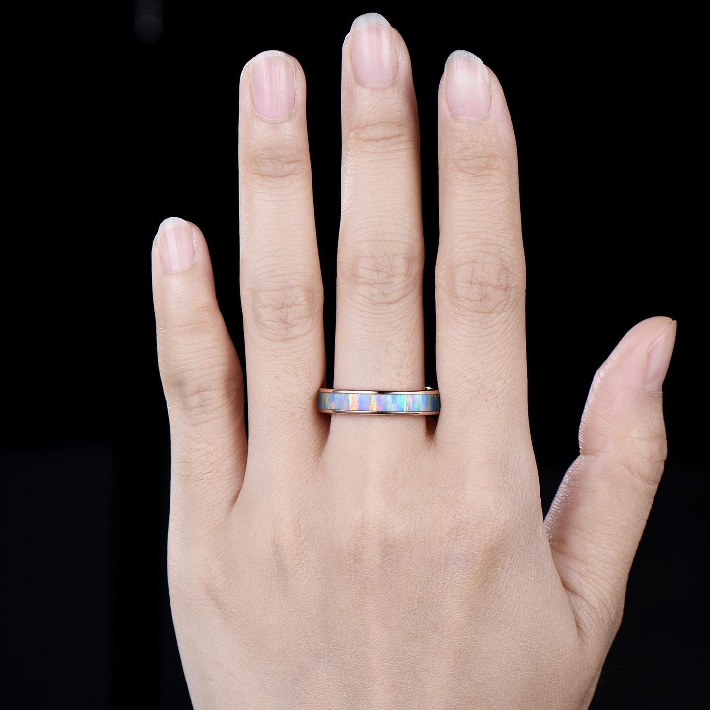 Half eternity bezel white opal wedding band mens stacking ring 14k rose gold unique engagement bridal ring for husband him silver