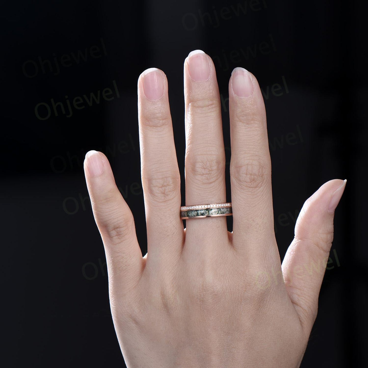 Full eternity bezel moss agate wedding band mens double line moissanite rose gold ring unique engagement bridal ring for husband him silver