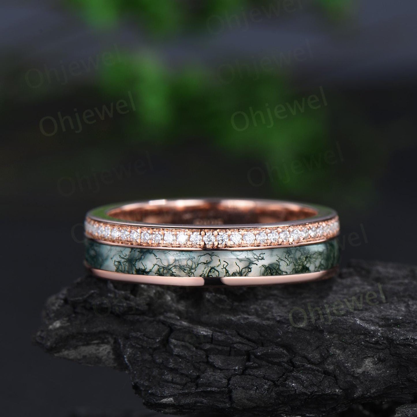 Full eternity bezel moss agate wedding band mens double line moissanite rose gold ring unique engagement bridal ring for husband him silver