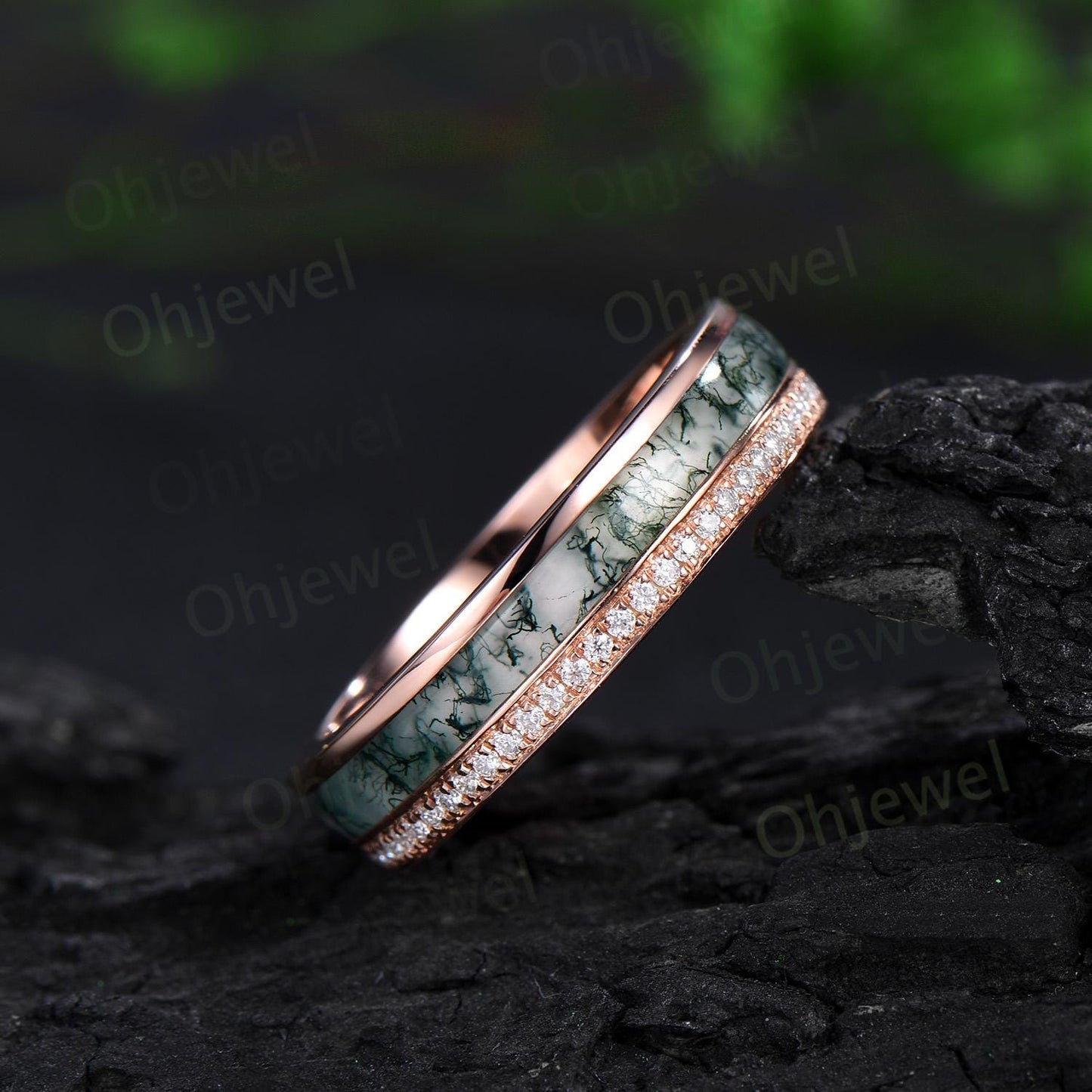 Full eternity bezel moss agate wedding band mens double line moissanite rose gold ring unique engagement bridal ring for husband him silver