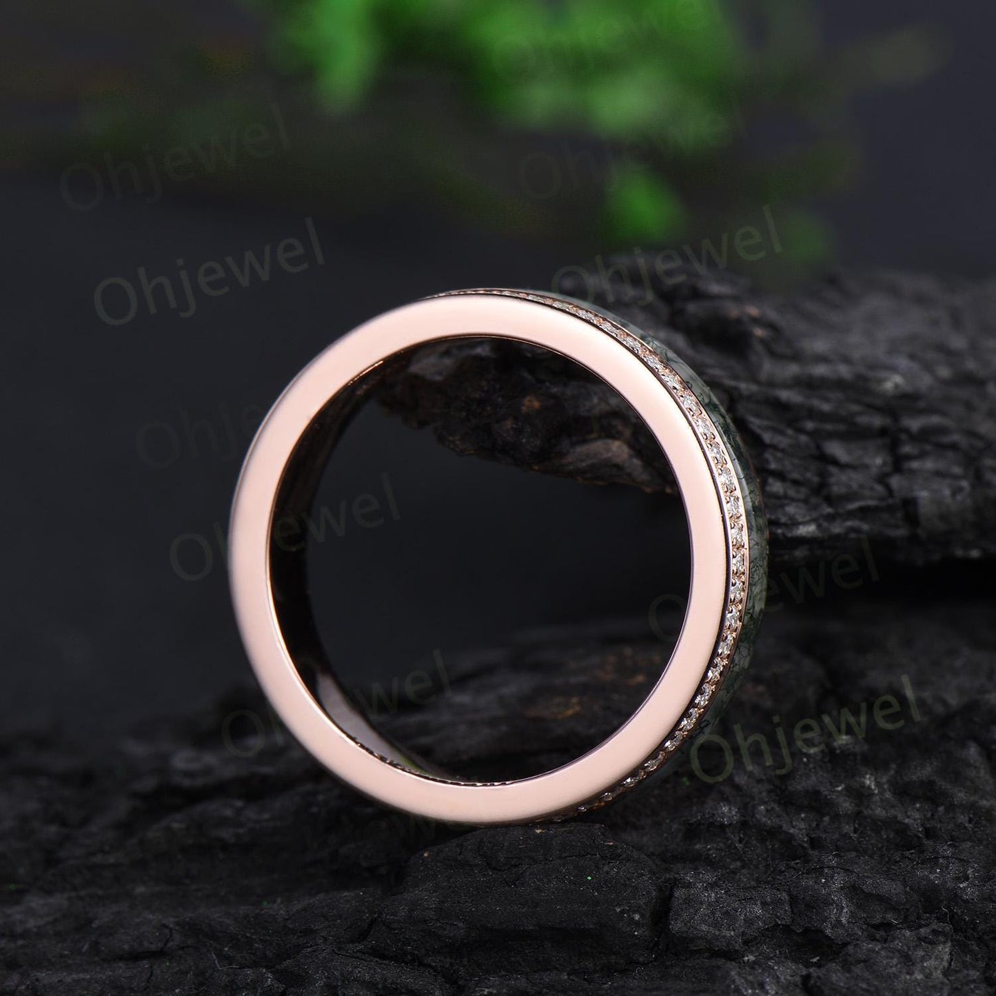 Full eternity bezel moss agate wedding band mens double line moissanite rose gold ring unique engagement bridal ring for husband him silver