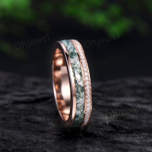 Full eternity bezel moss agate wedding band mens double line moissanite rose gold ring unique engagement bridal ring for husband him silver