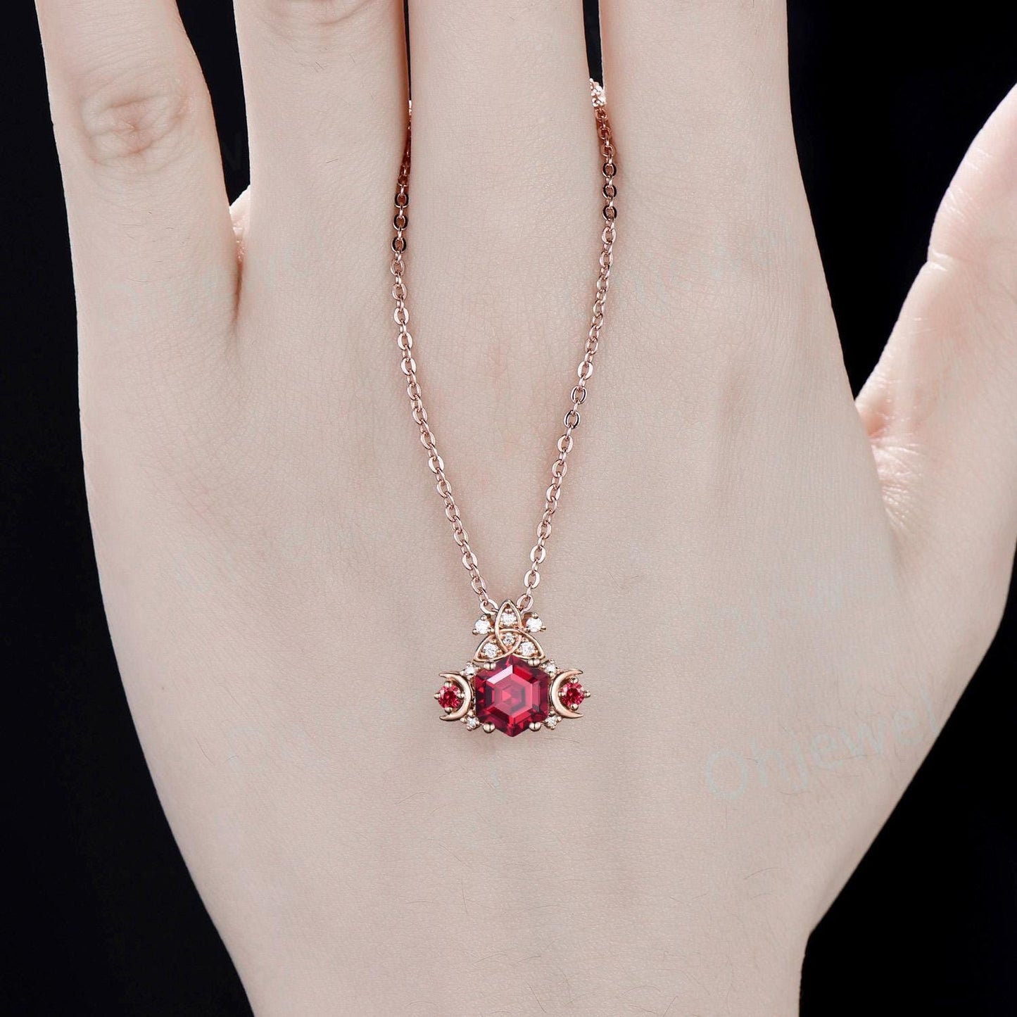 Hexagon cut red ruby necklace celtic knot moon cluster diamond pendant rose gold July birthstone anniversary gift women