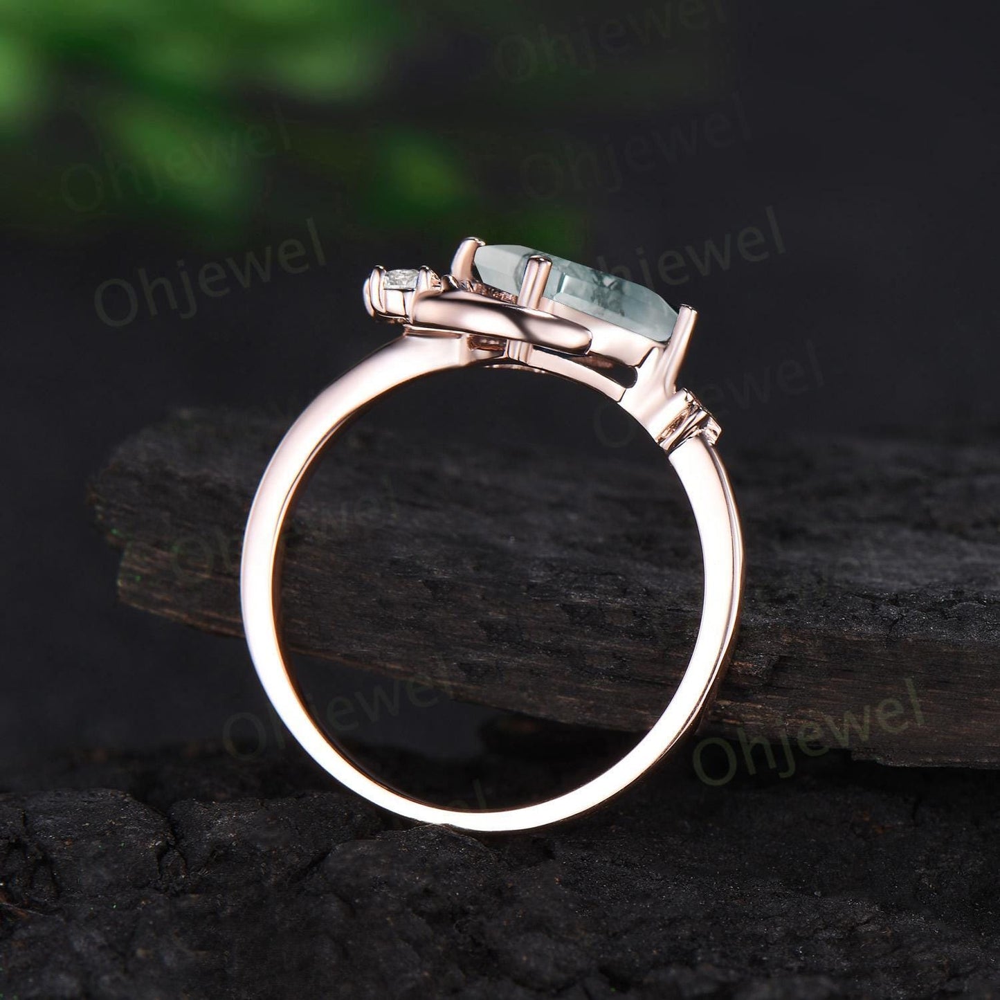 Kite cut natural moss agate ring vintage east to west star moon engagement ring set cluster moissanite wedding promise ring set jewelry
