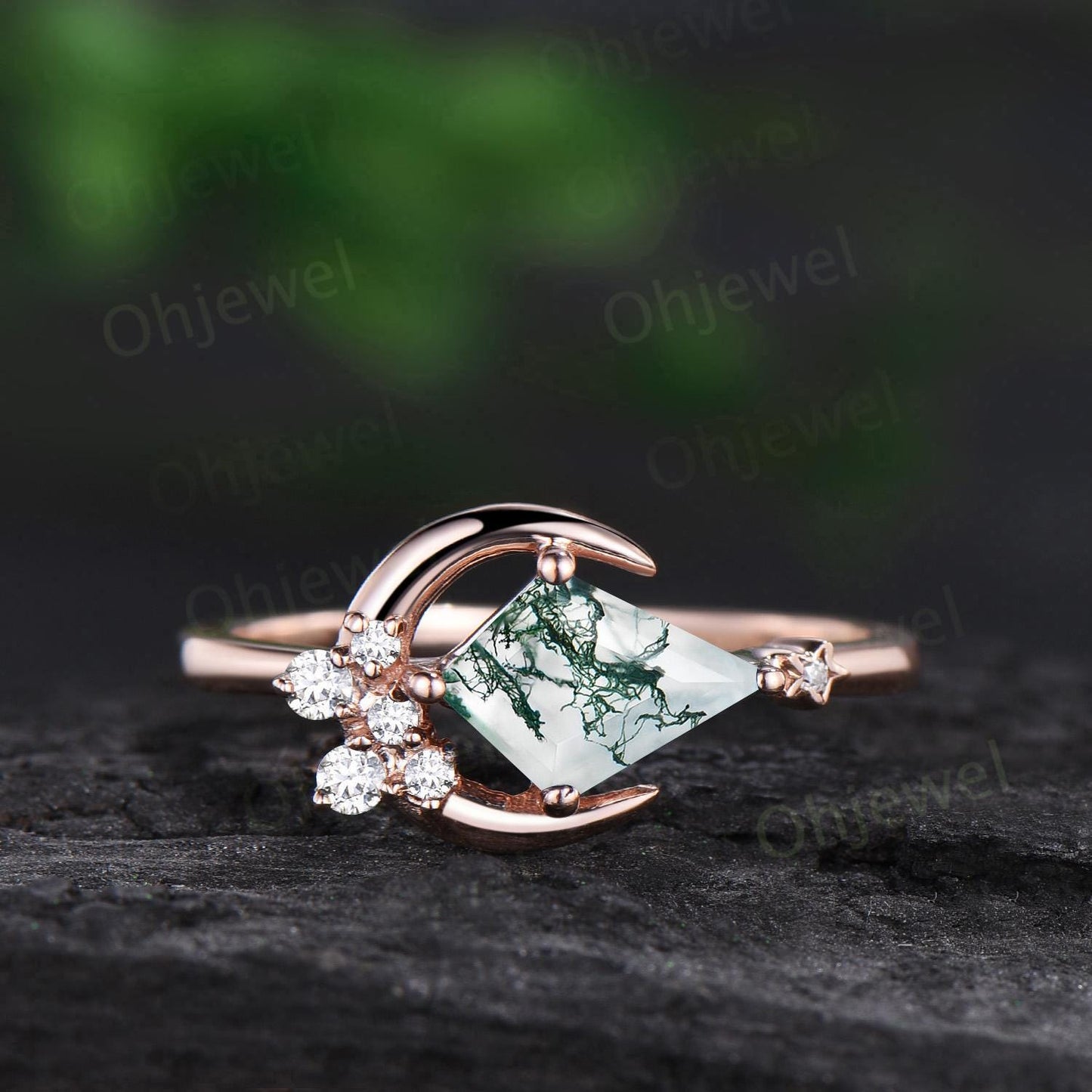 Kite cut natural moss agate ring vintage east to west star moon engagement ring set cluster moissanite wedding promise ring set jewelry