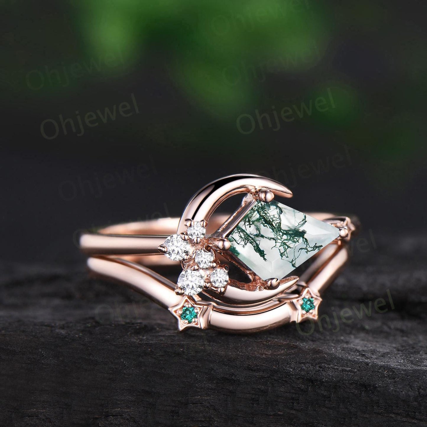 Kite cut natural moss agate ring vintage east to west star moon engagement ring set cluster moissanite wedding promise ring set jewelry