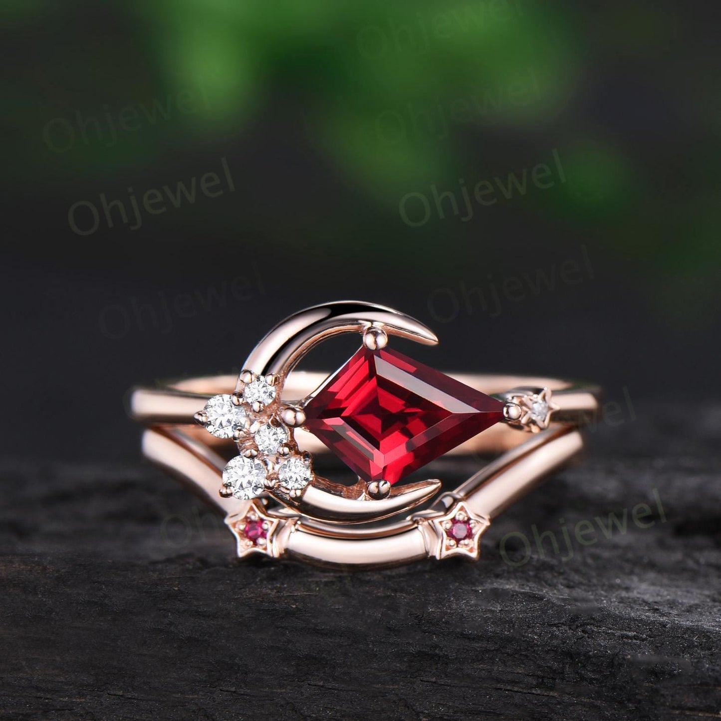 Kite cut red ruby ring rose gold unique east to west star moon engagement ring set cluster moissanite wedding bridal ring set women