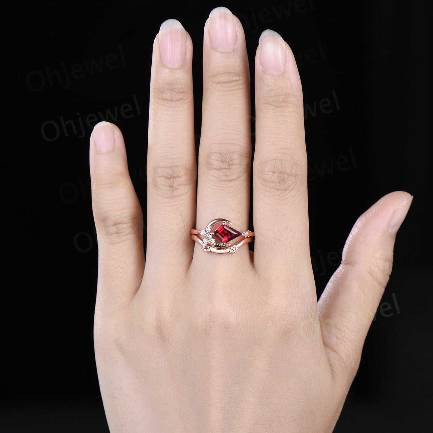 Kite cut red ruby ring rose gold unique east to west star moon engagement ring set cluster moissanite wedding bridal ring set women
