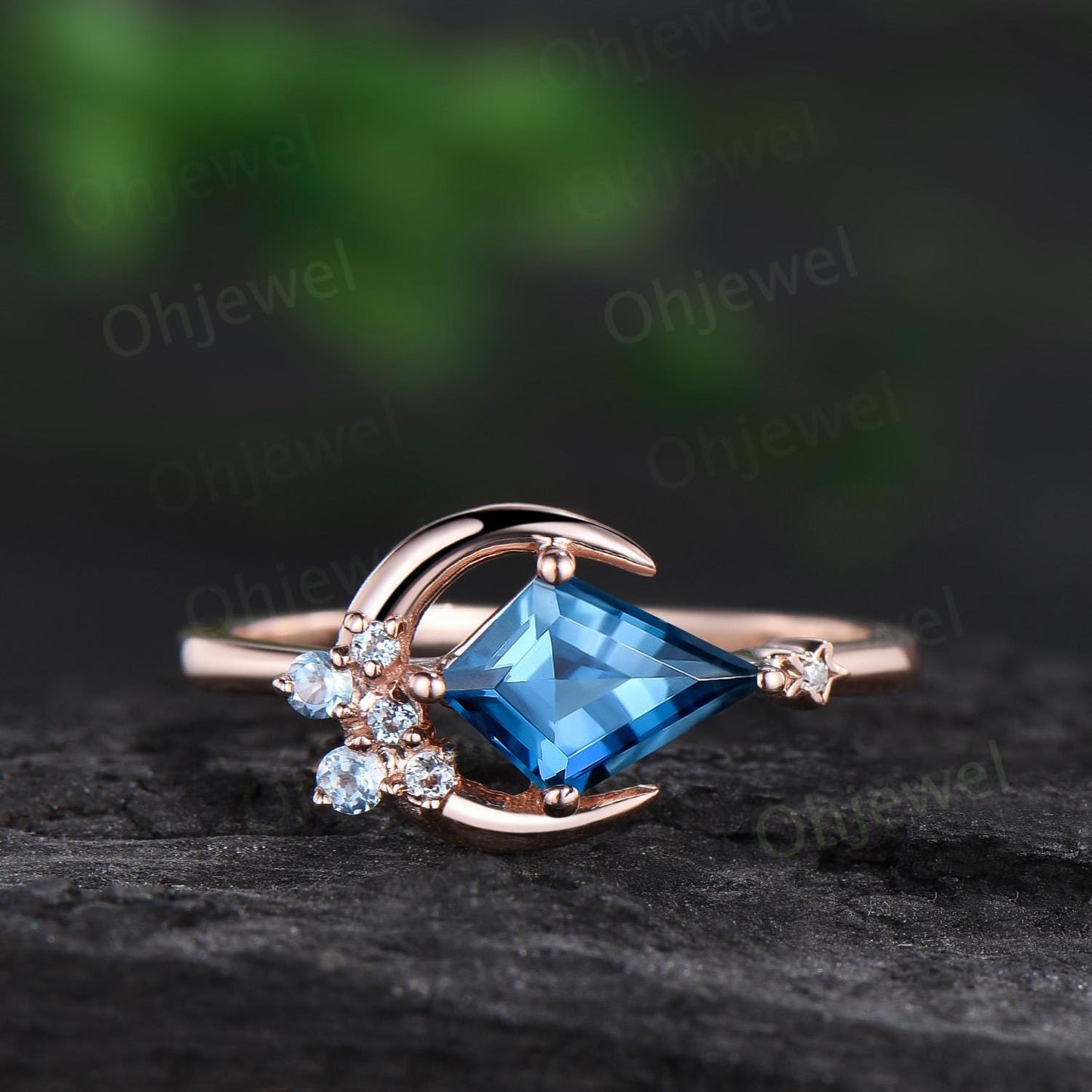 Kite cut London blue topaz engagement ring set cluster moon star Swiss topaz ring vintage blue gemstone anniversary ring set women gift