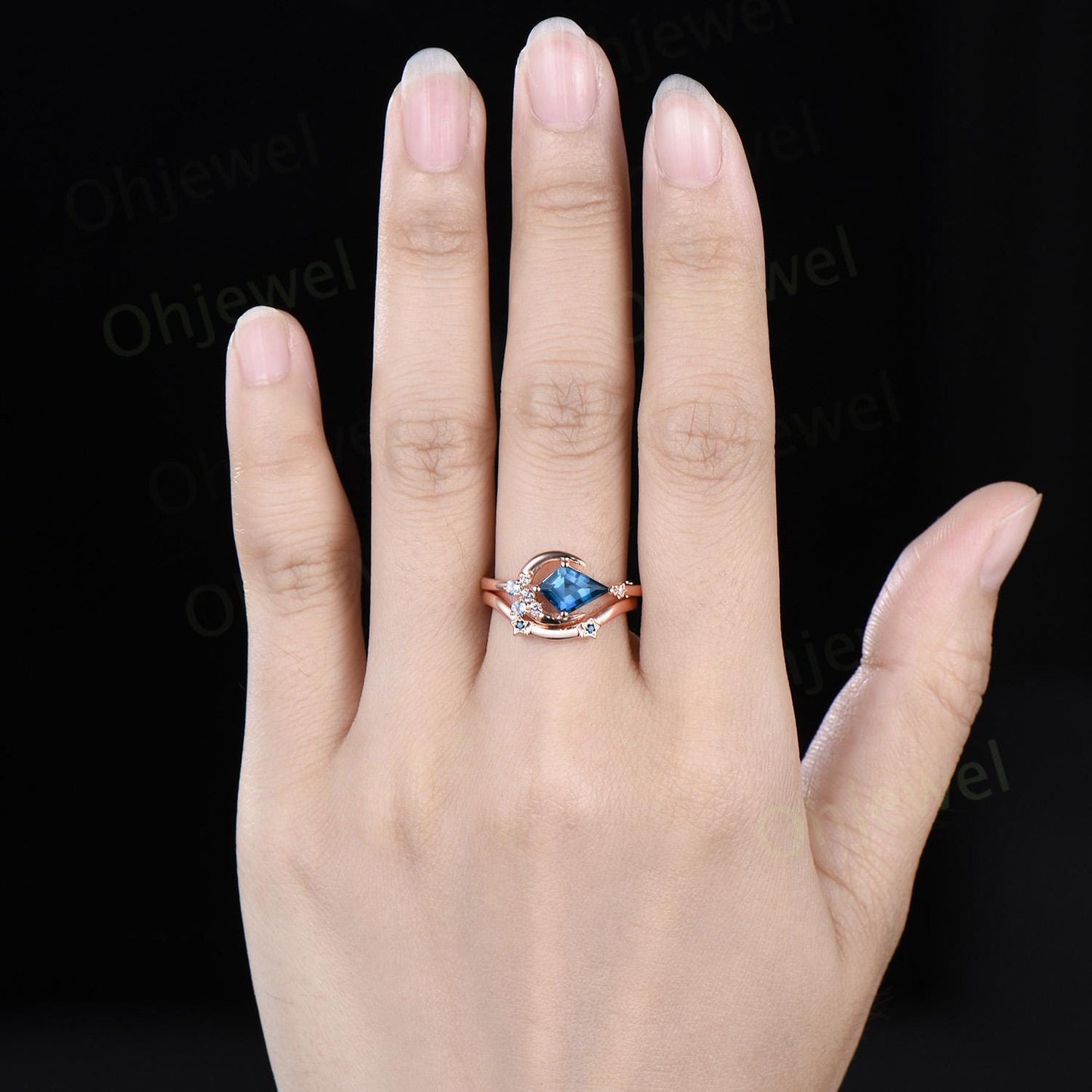 Kite cut London blue topaz engagement ring set cluster moon star Swiss topaz ring vintage blue gemstone anniversary ring set women gift