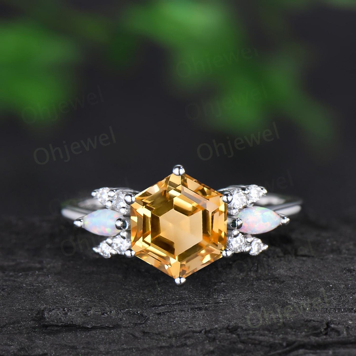 Hexagon cut yellow citrine ring white gold cluster unique engagement ring marquise opal ring silver crystal ring women anniversary gift