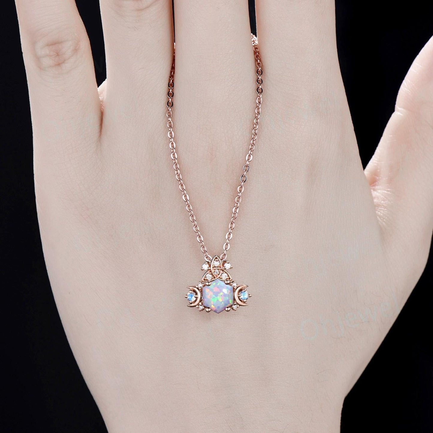 Vintage hexagon white opal necklace celtic knot moon cluster diamond pendant 14k rose gold moonstone wedding anniversary gift