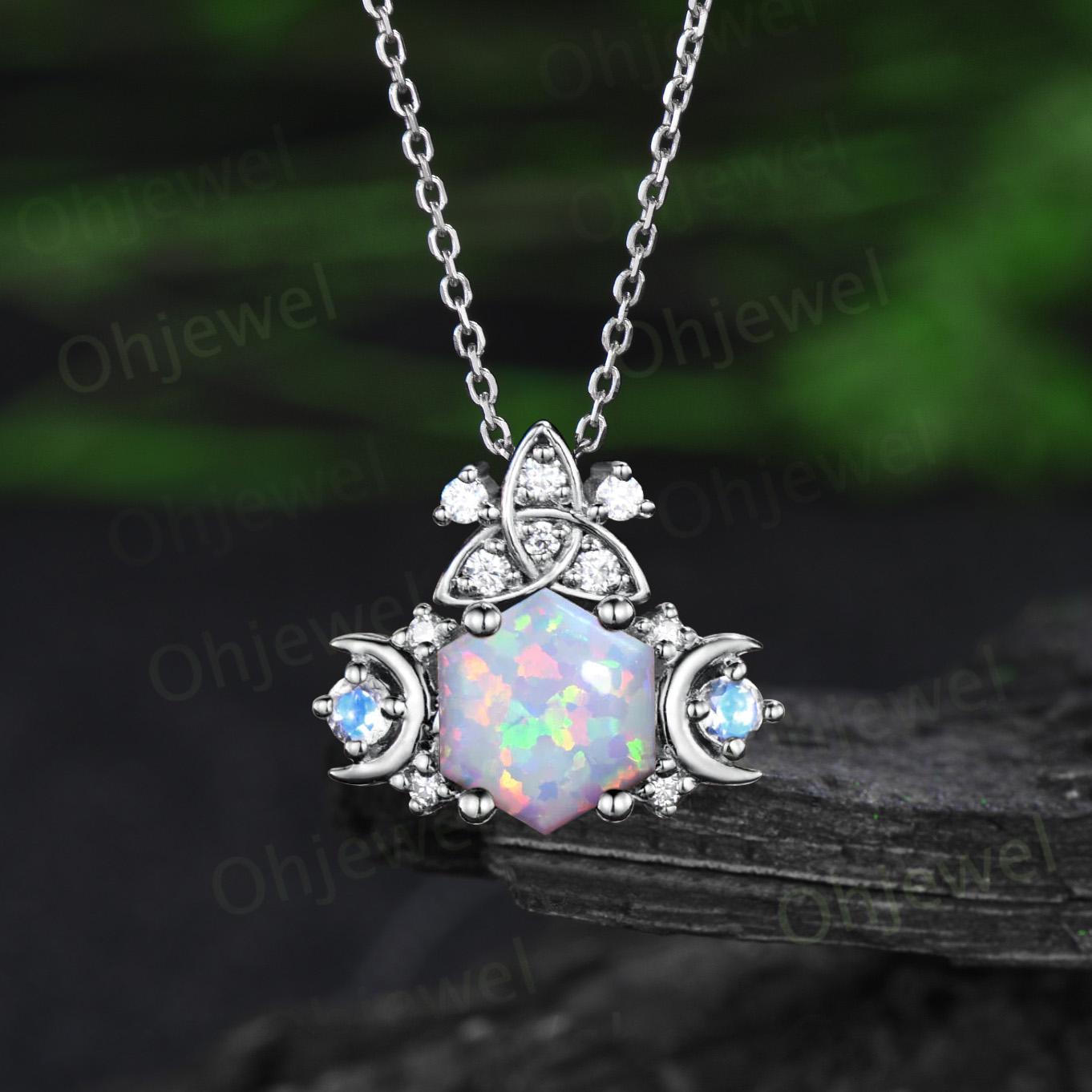 Vintage hexagon white opal necklace celtic knot moon cluster diamond pendant 14k rose gold moonstone wedding anniversary gift