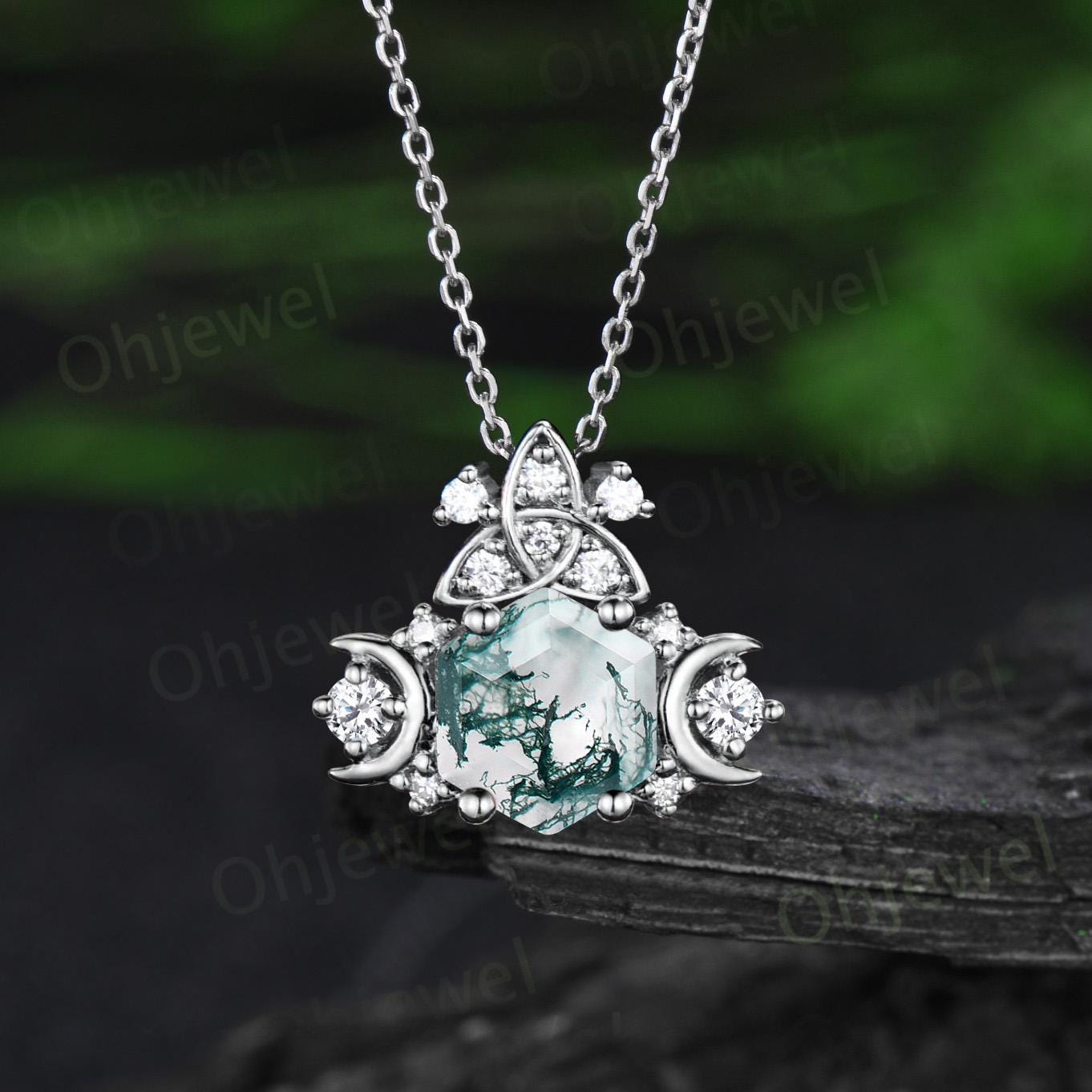 Vintage hexagon cut moss agate necklace celtic knot moon cluster diamond pendant women 14k rose gold delicate wedding anniversary gift