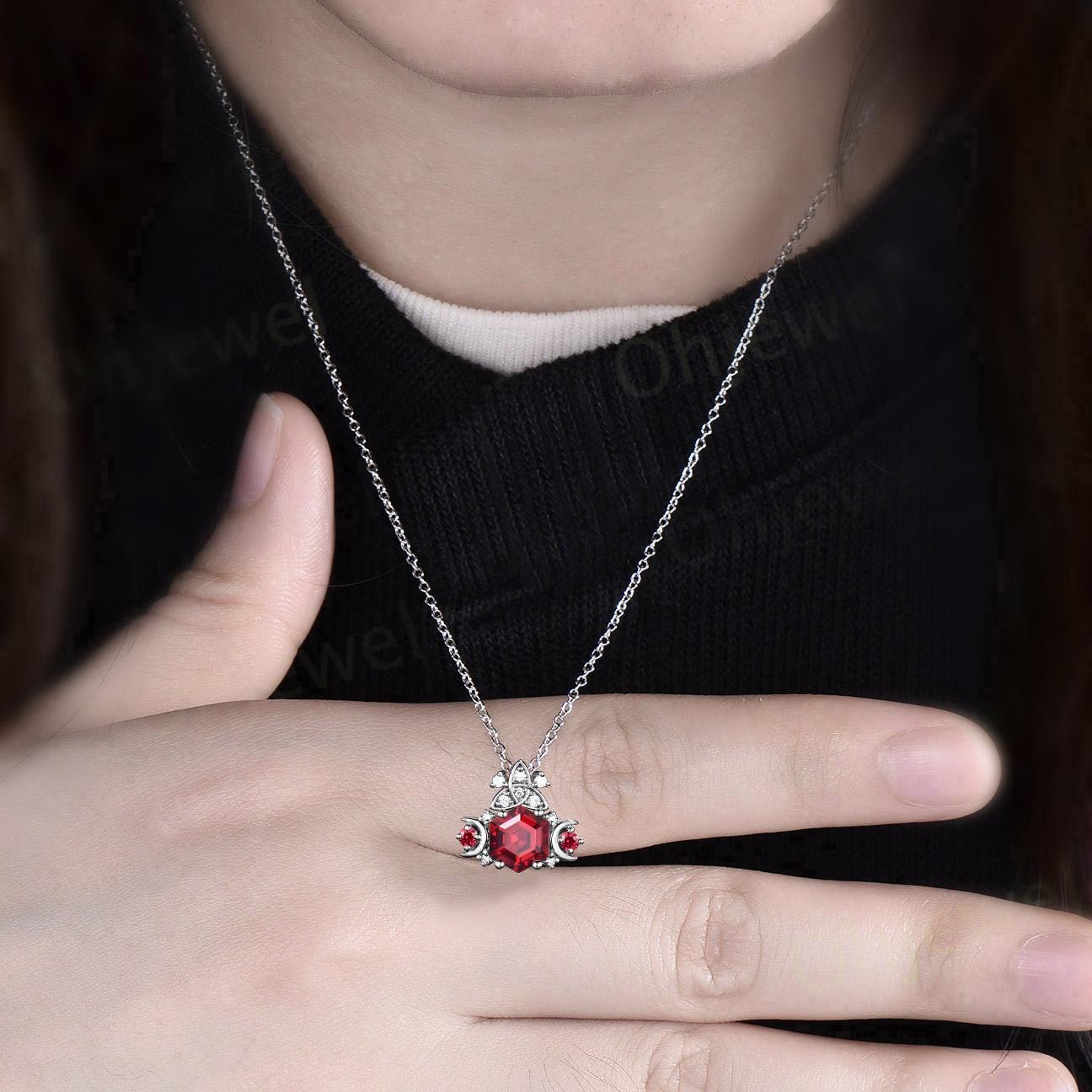 Hexagon cut red ruby necklace celtic knot moon cluster diamond pendant rose gold July birthstone anniversary gift women