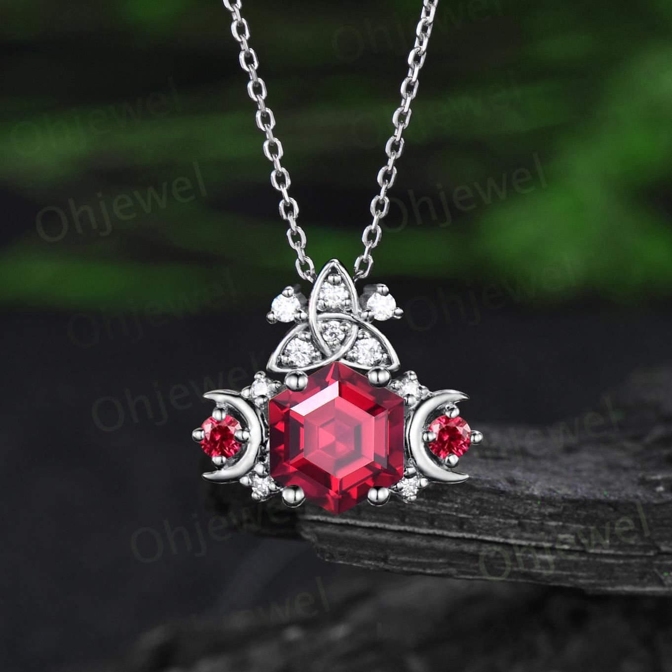 Hexagon cut red ruby necklace celtic knot moon cluster diamond pendant rose gold July birthstone anniversary gift women