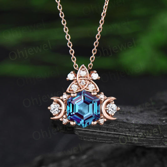 Vintage hexagon cut alexandrite necklace celtic knot moon cluster diamond pendant women 14k rose gold bridal wedding anniversary gift