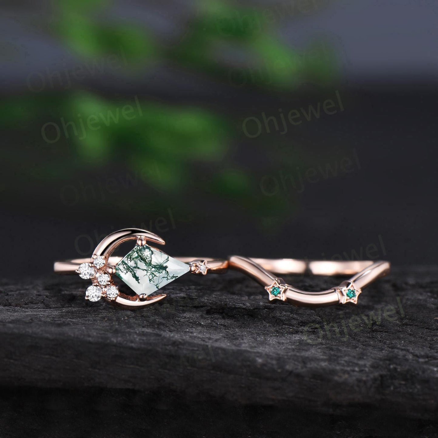 Kite cut natural moss agate ring vintage east to west star moon engagement ring set cluster moissanite wedding promise ring set jewelry