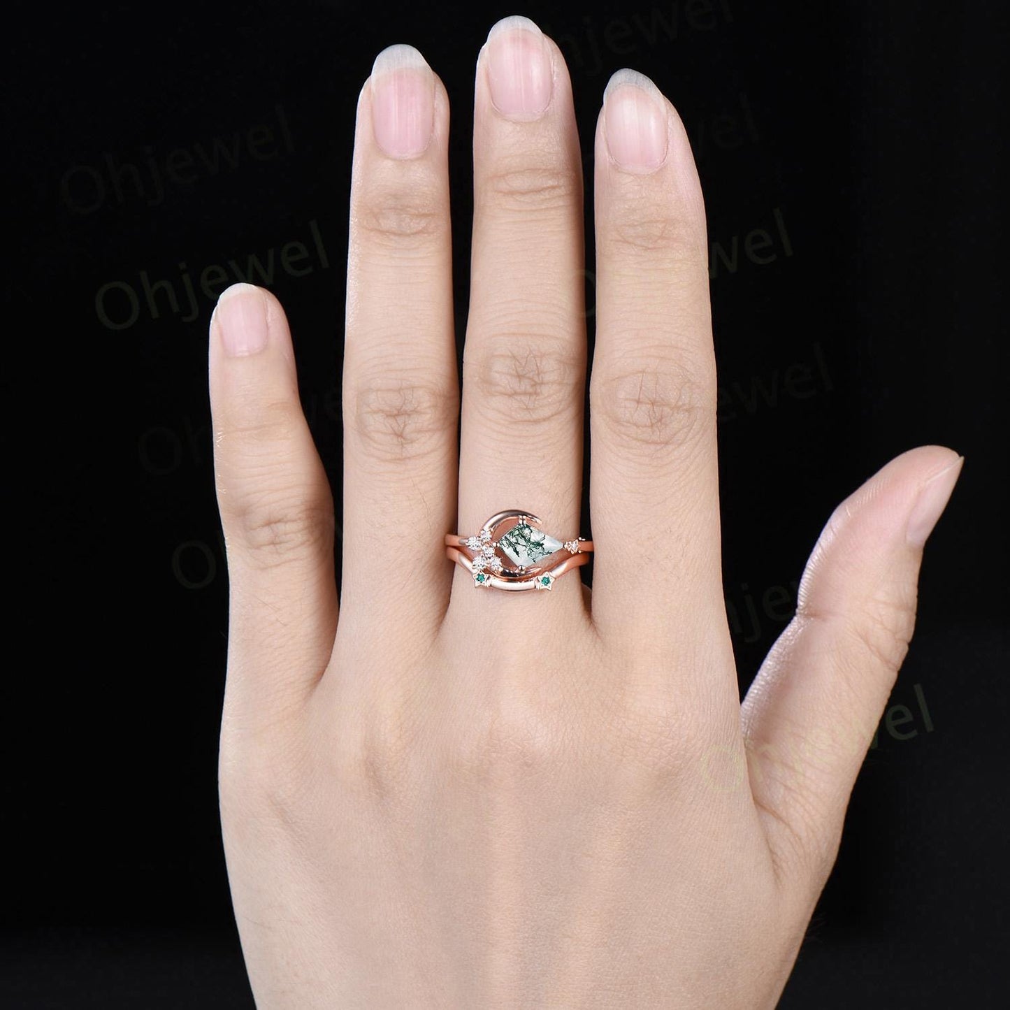 Kite cut natural moss agate ring vintage east to west star moon engagement ring set cluster moissanite wedding promise ring set jewelry