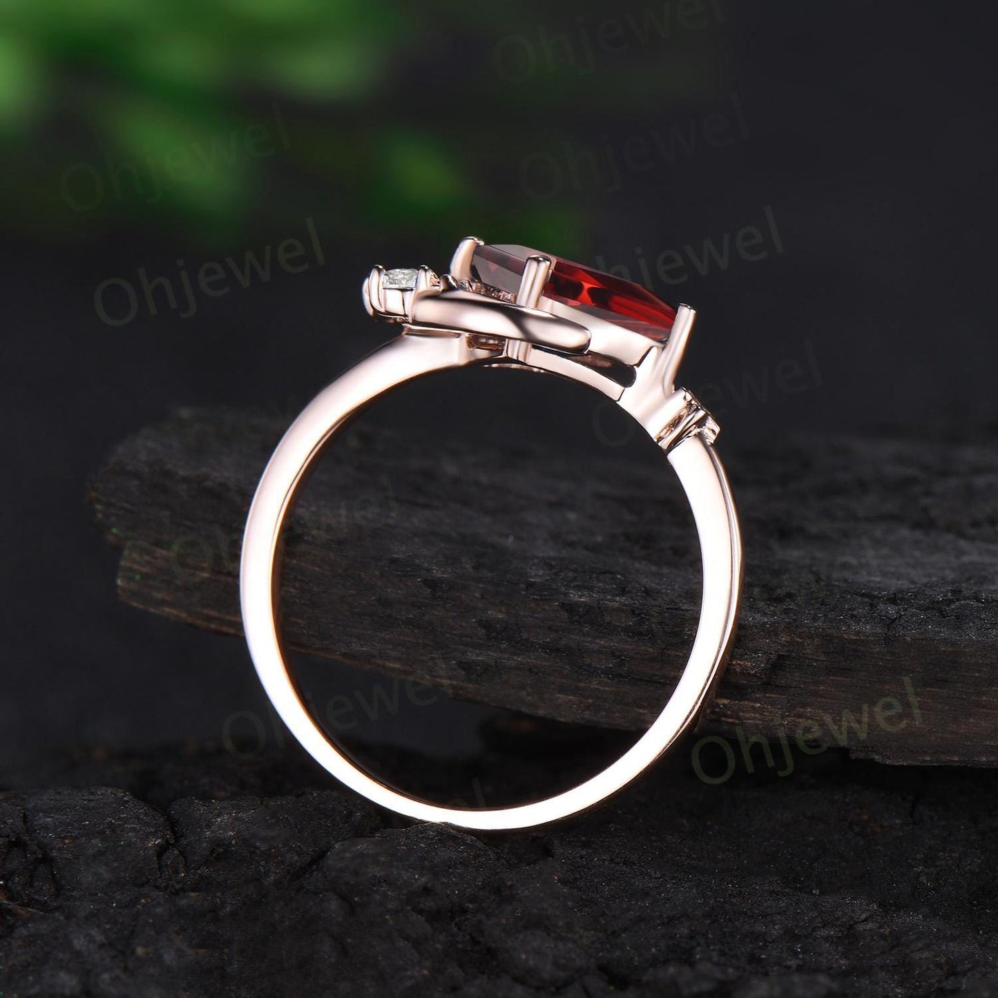 Kite cut red ruby ring rose gold unique east to west star moon engagement ring set cluster moissanite wedding bridal ring set women