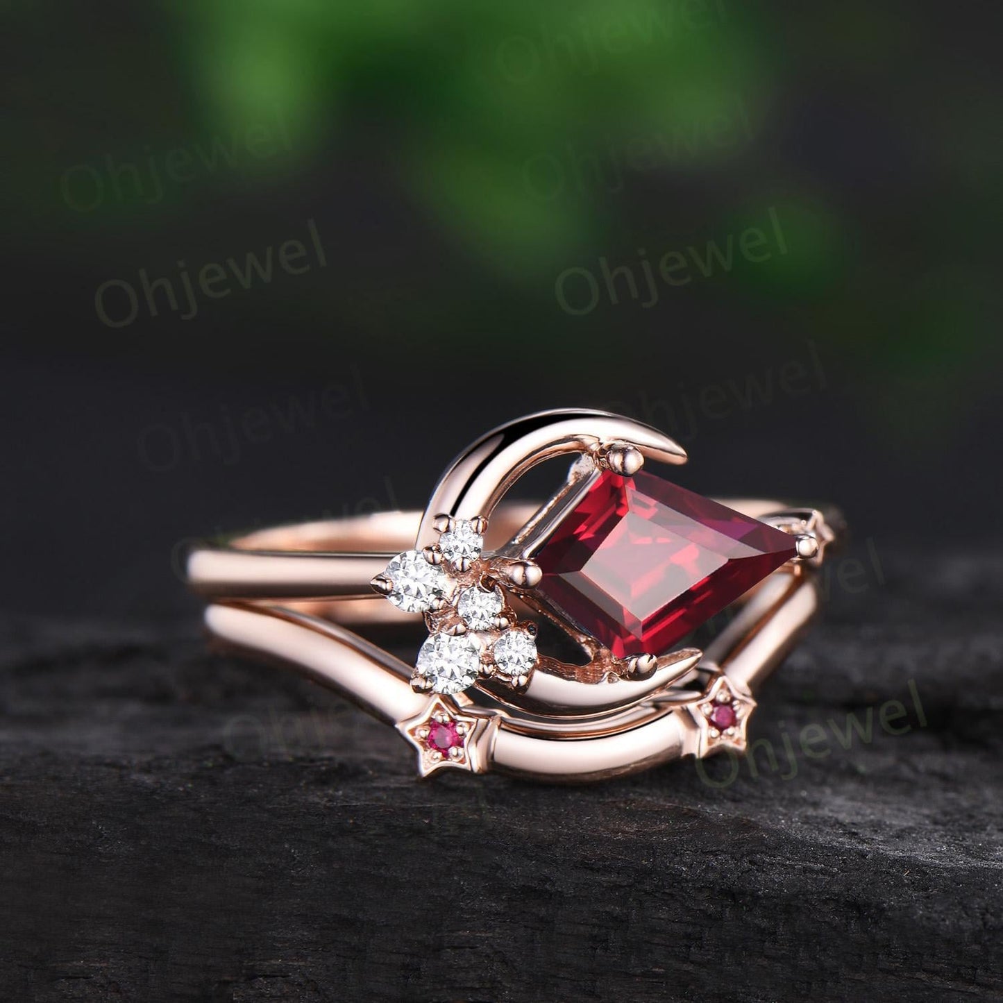 Kite cut red ruby ring rose gold unique east to west star moon engagement ring set cluster moissanite wedding bridal ring set women