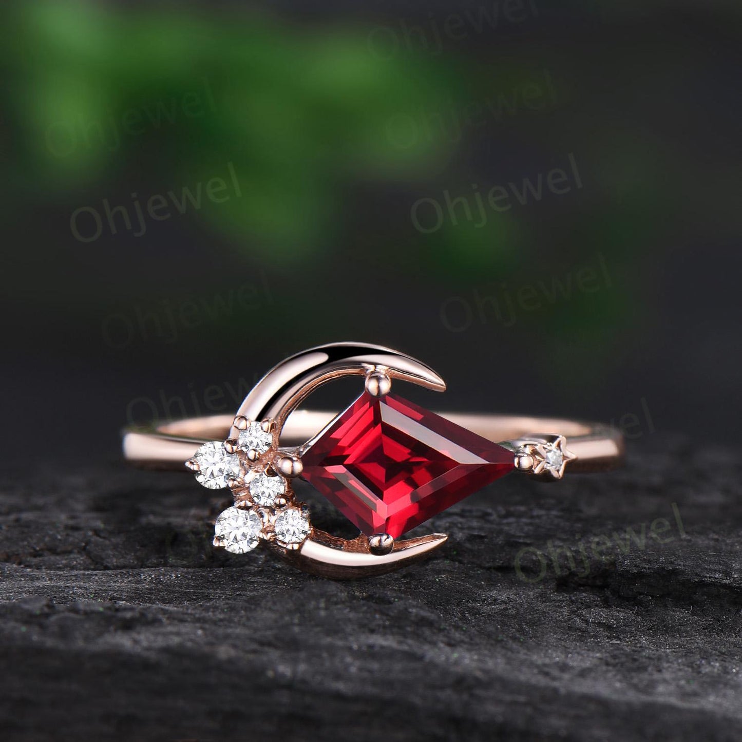 Kite cut red ruby ring rose gold unique east to west star moon engagement ring set cluster moissanite wedding bridal ring set women