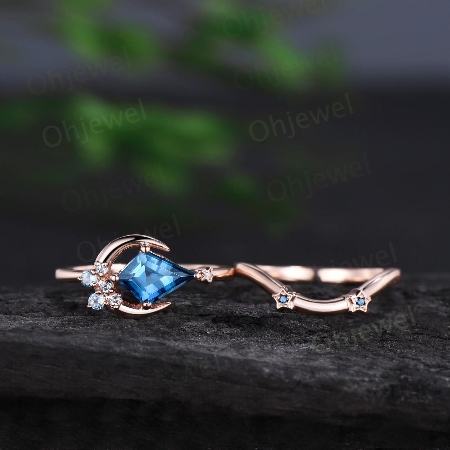 Kite cut London blue topaz engagement ring set cluster moon star Swiss topaz ring vintage blue gemstone anniversary ring set women gift