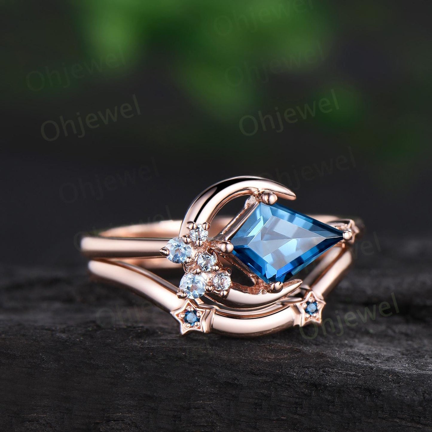 Kite cut London blue topaz engagement ring set cluster moon star Swiss topaz ring vintage blue gemstone anniversary ring set women gift