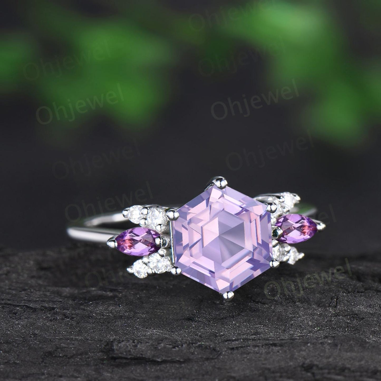 Hexagon cut Lavender amethyst ring white gold cluster unique engagement ring marquise amethyst ring silver purple crystal ring women