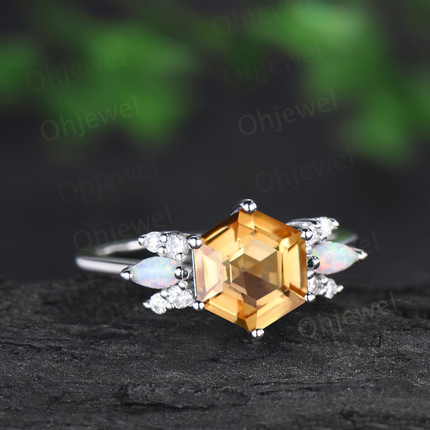 Hexagon cut yellow citrine ring white gold cluster unique engagement ring marquise opal ring silver crystal ring women anniversary gift