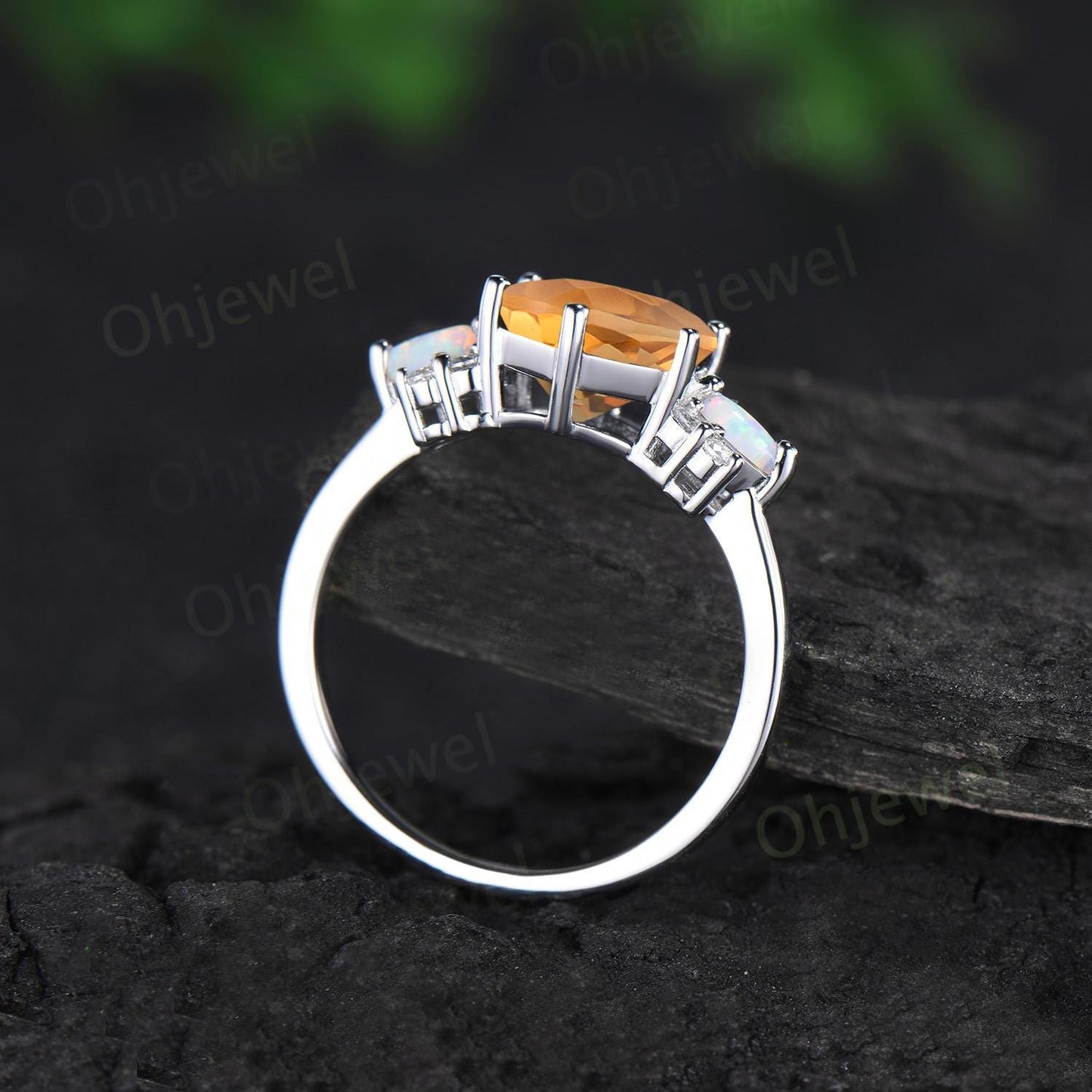 Hexagon cut yellow citrine ring white gold cluster unique engagement ring marquise opal ring silver crystal ring women anniversary gift
