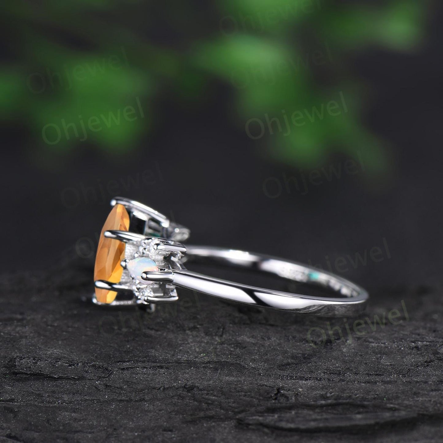 Hexagon cut yellow citrine ring white gold cluster unique engagement ring marquise opal ring silver crystal ring women anniversary gift
