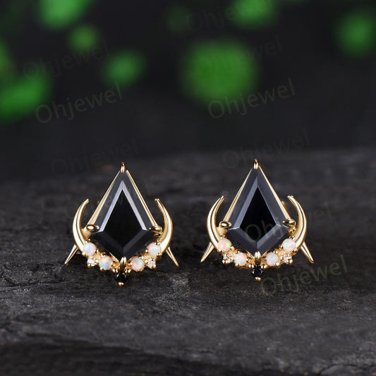 Kite cut black onyx opal moon earrings solid 14k 18k yellow gold unique arrow cluster stud earrings women wedding anniversary gift