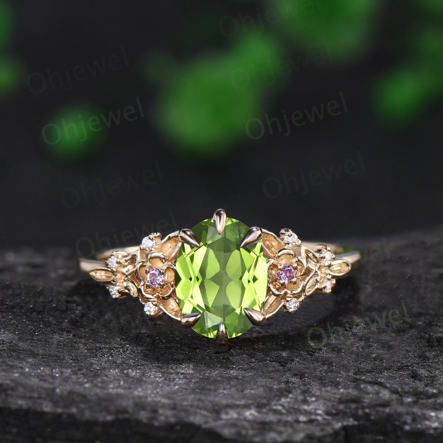 Oval peridot ring 14k yellow gold vintage leaf floral 6 prong wedding engagement ring set women amethyst ring silver