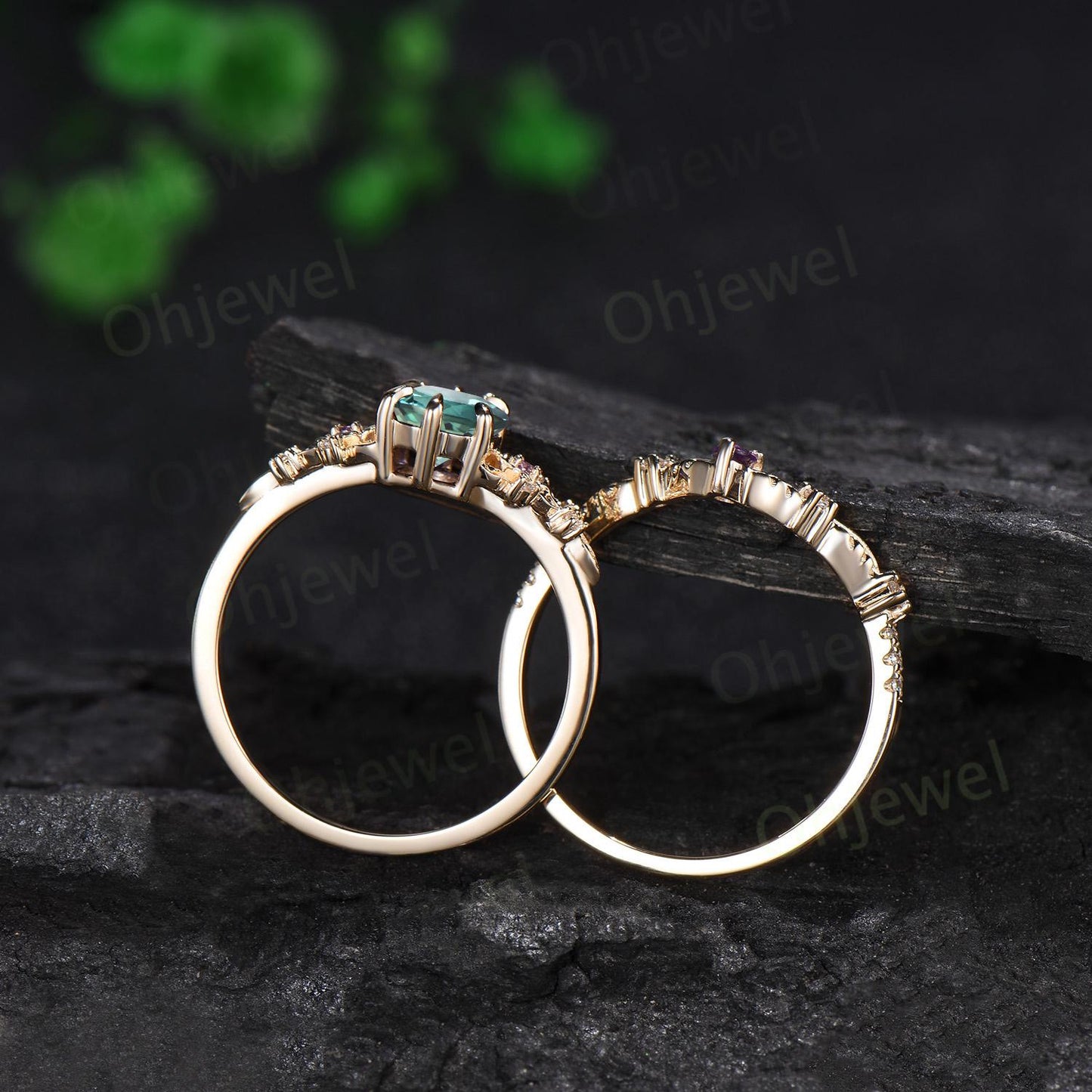 Oval cut green sapphire ring yellow gold vintage leaf floral 6 prong engagement ring set women amethyst ring silver