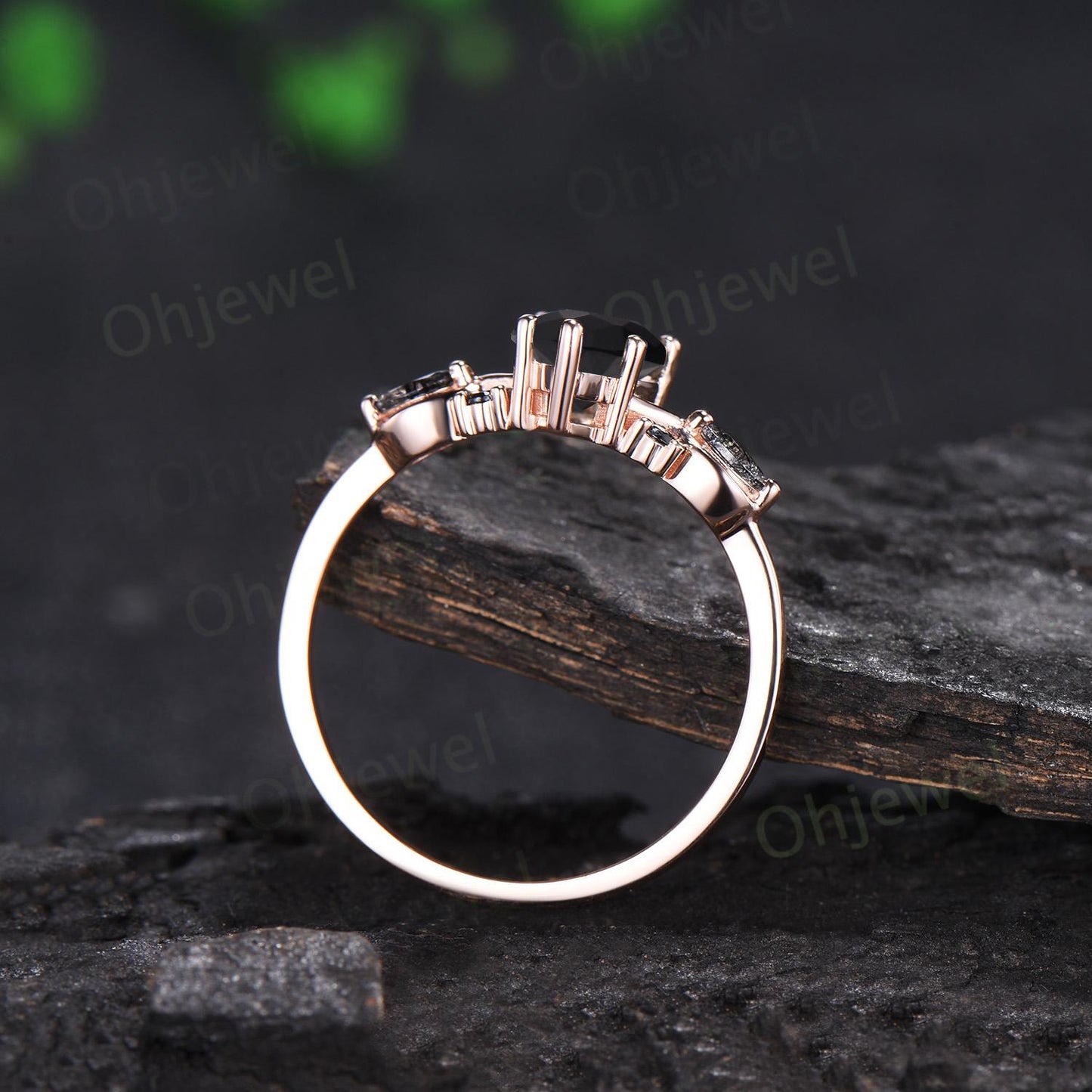 Teardrop pear cut black onyx engagement ring rose gold black rutilated quartz ring vintage 6 prong wedding bridal set women silver