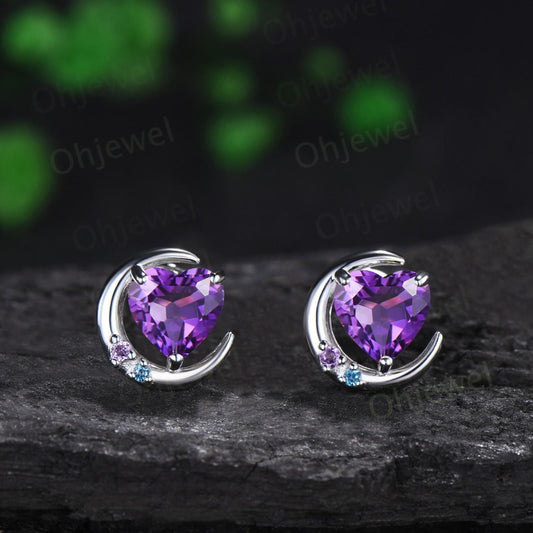 Heart shaped purple amethyst moon earrings solid 14k white gold dainty three stone topaz stud earrings women anniversary gift silver