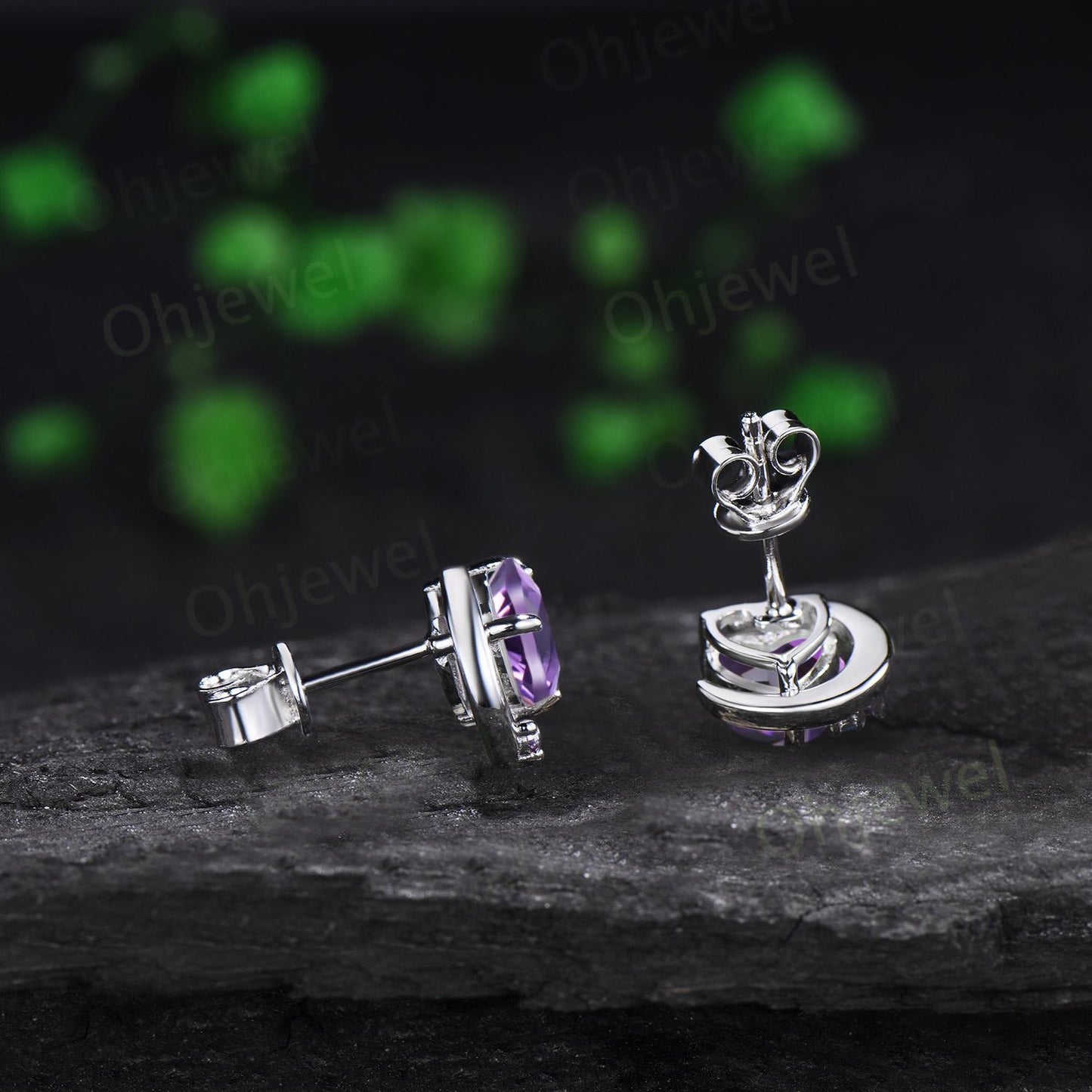 Heart shaped purple amethyst moon earrings solid 14k white gold dainty three stone topaz stud earrings women anniversary gift silver