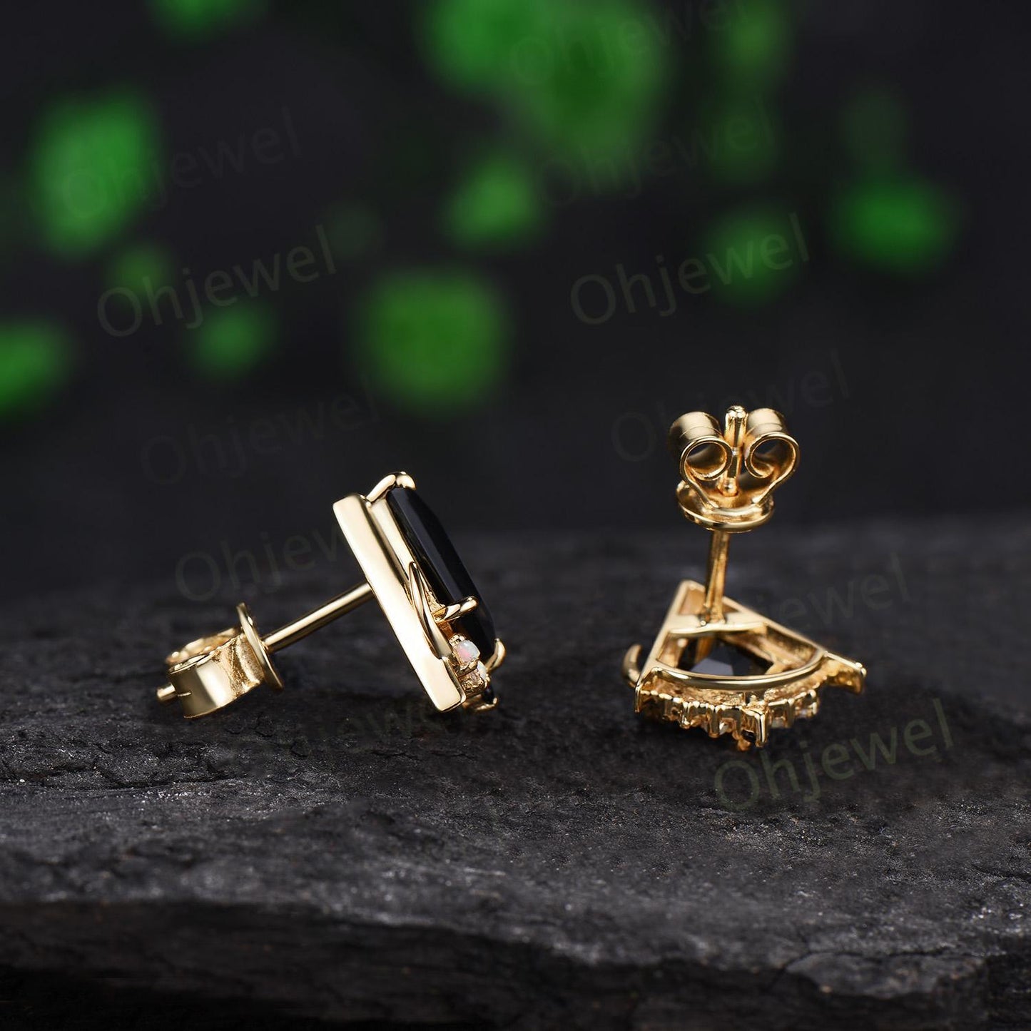Kite cut black onyx opal moon earrings solid 14k 18k yellow gold unique arrow cluster stud earrings women wedding anniversary gift