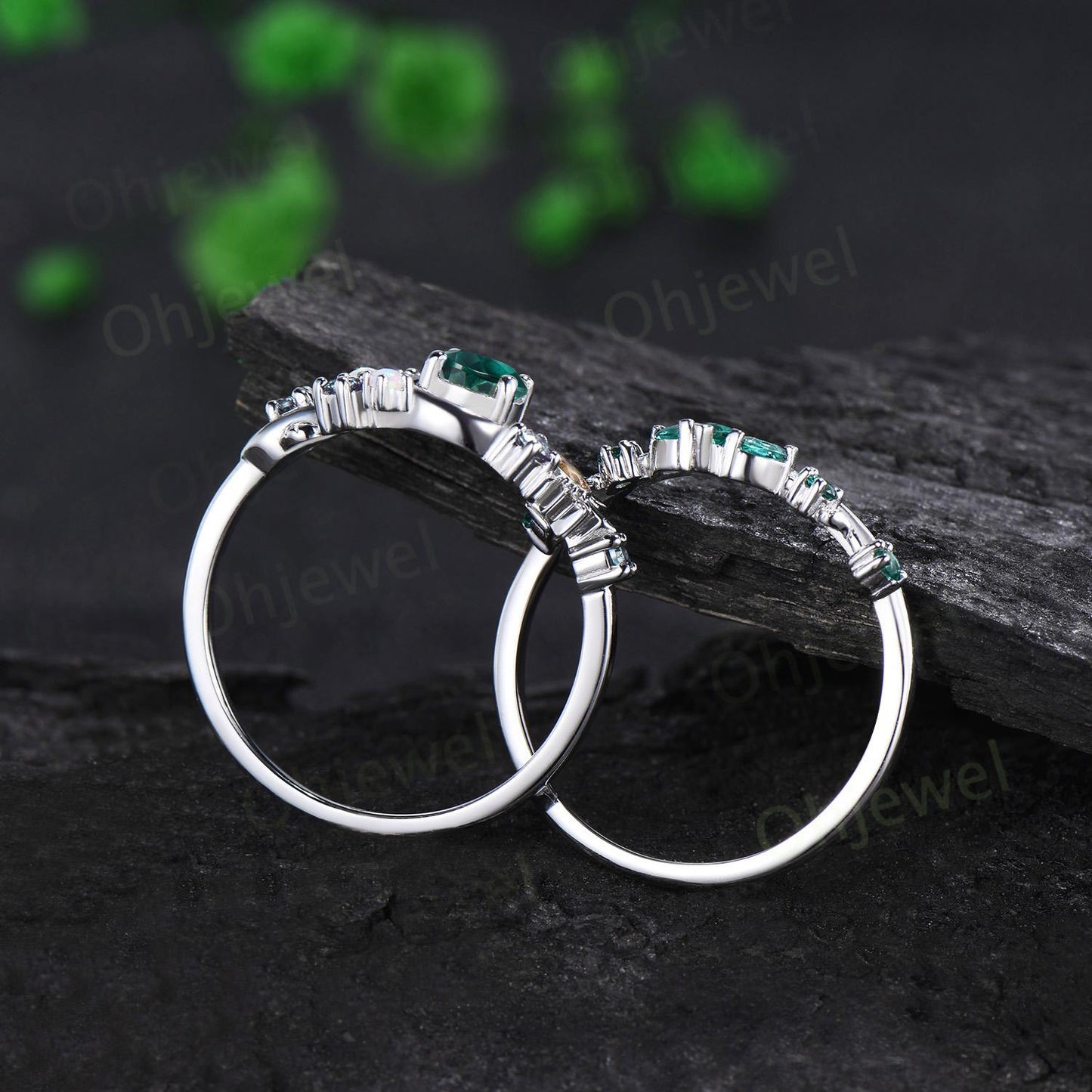 Vintage round green emerald moon engagement ring white gold sun citrine opal alexandrite leaf wedding bridal ring set women jewelry