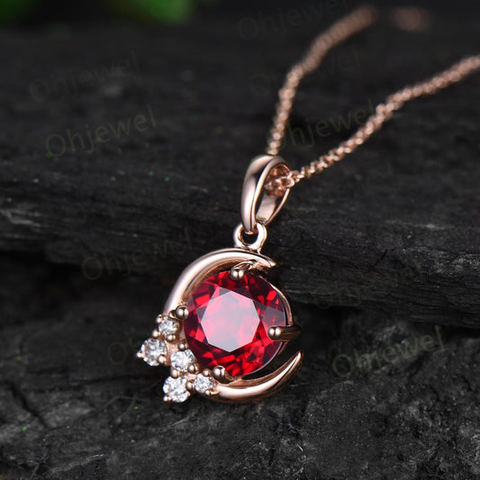 Vintage round red ruby necklace 14k rose gold Personalized moon cluster diamond unique Pendant women gemstone anniversary gift for her