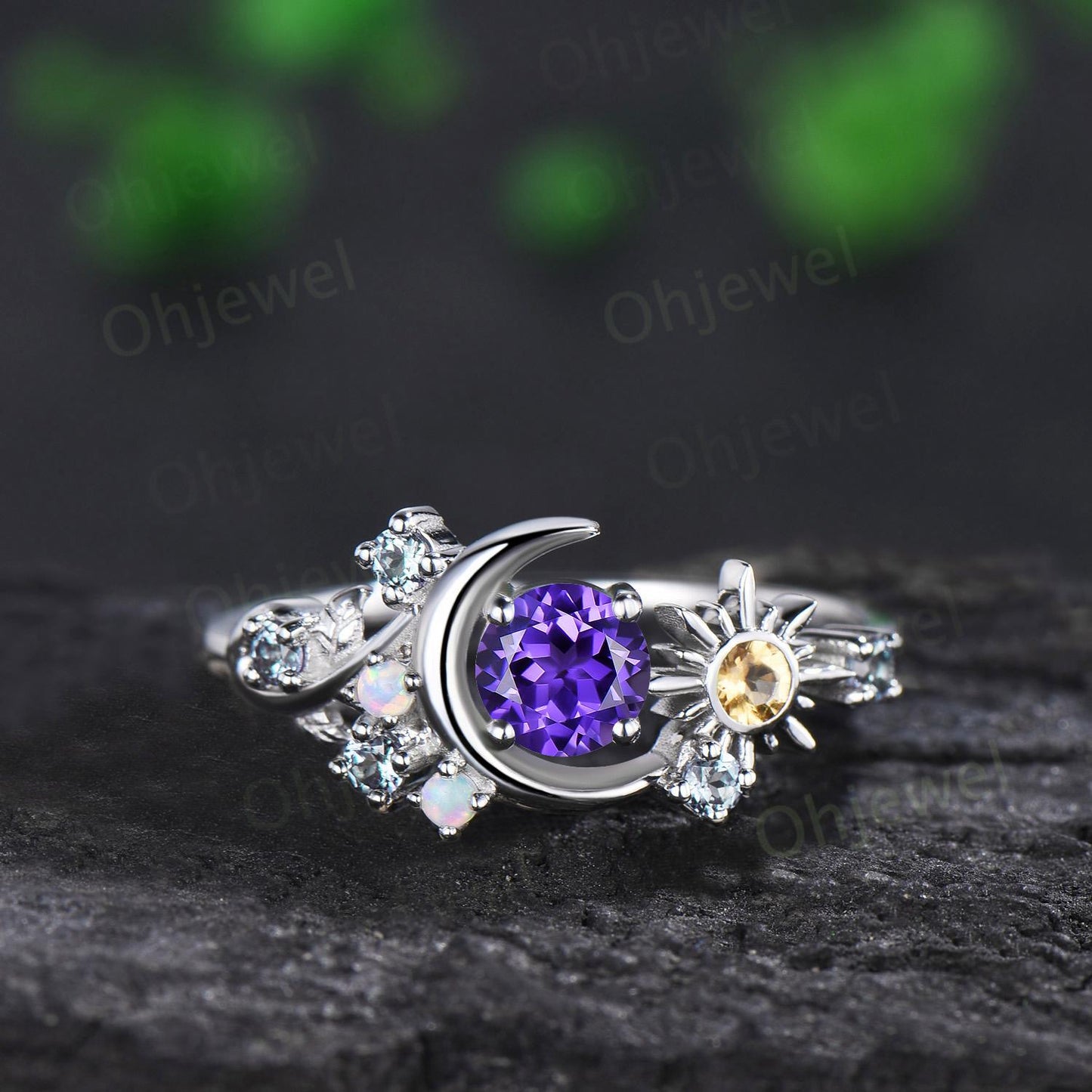 Vintage round purple sapphire moon engagement ring white gold sun citrine opal alexandrite leaf wedding bridal ring set women jewelry