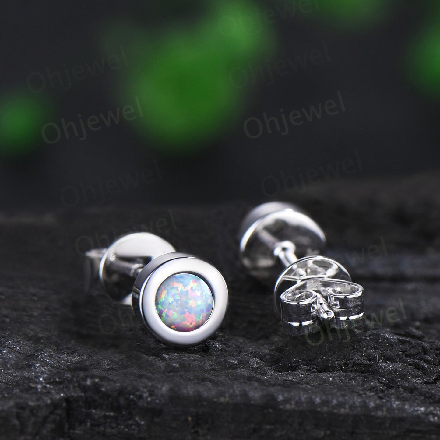 Bezel round opal earrings solid 14k white gold vintage stud earrings women minimalist dainty wedding anniversary gift silver