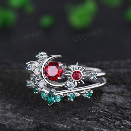 Vintage round red ruby moon engagement ring white gold sun opal alexandrite leaf wedding bridal ring set women jewelry