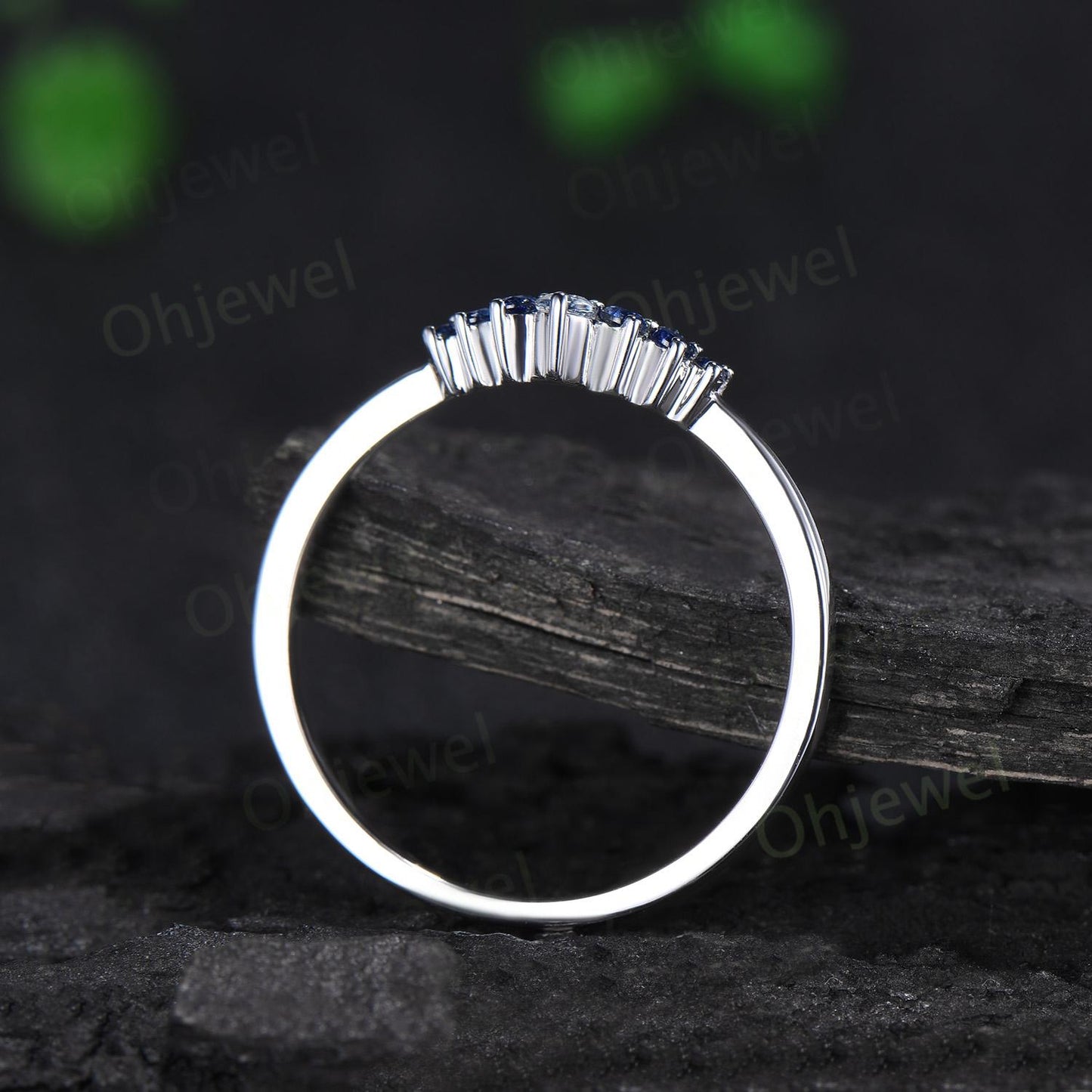 Aquamarine sapphire wedding band curved moissanite bridal ring solid 10k 14k 18k white gold stacking matching band women