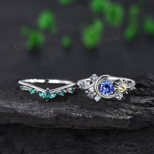 Vintage round tanzanite moon engagement ring white gold sun citrine opal alexandrite emerald leaf wedding bridal ring set women jewelry