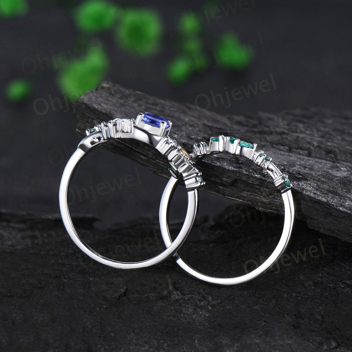 Vintage round tanzanite moon engagement ring white gold sun citrine opal alexandrite emerald leaf wedding bridal ring set women jewelry
