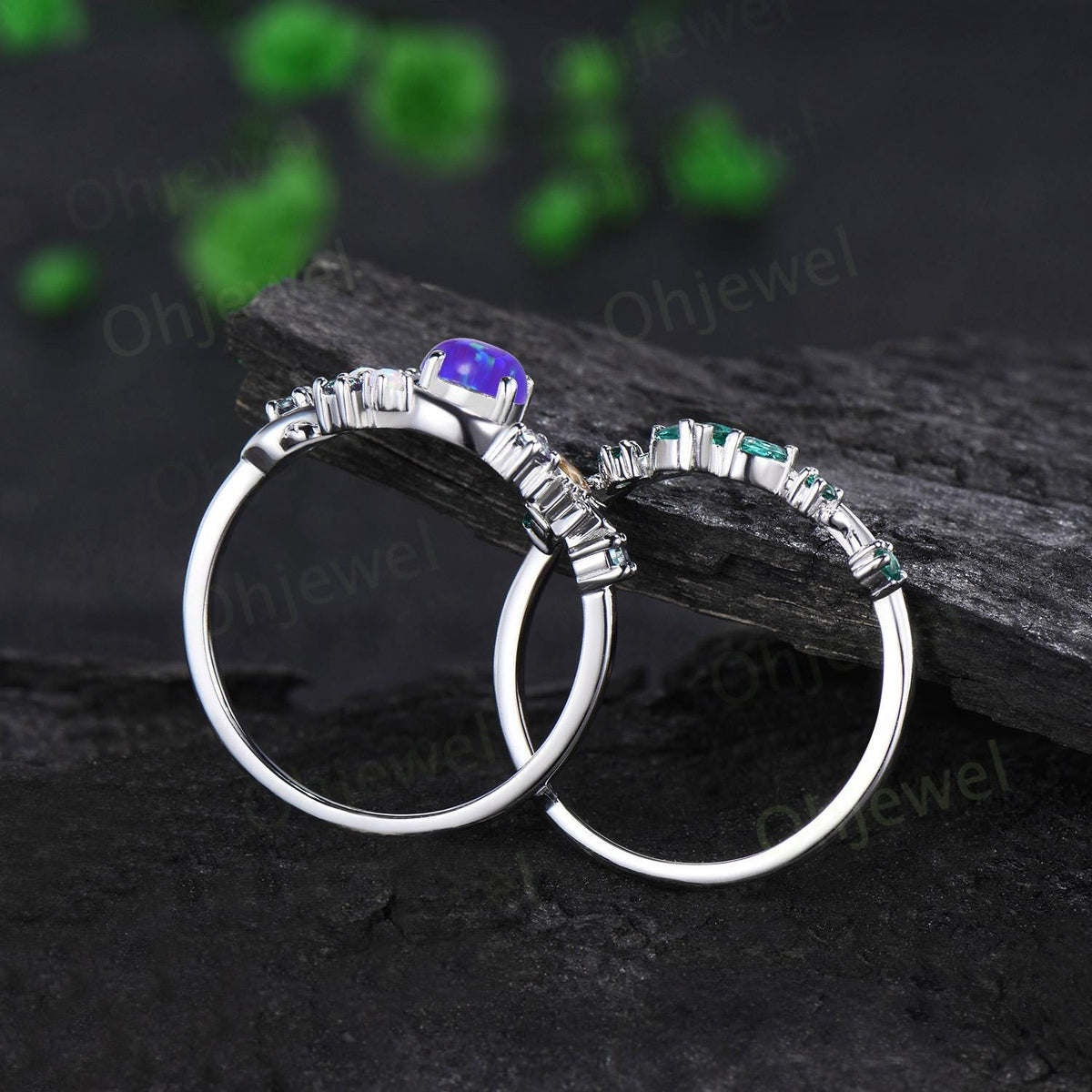 Vintage round purple opal moon engagement ring white gold sun citrine opal alexandrite emerald leaf wedding bridal ring set women jewelry