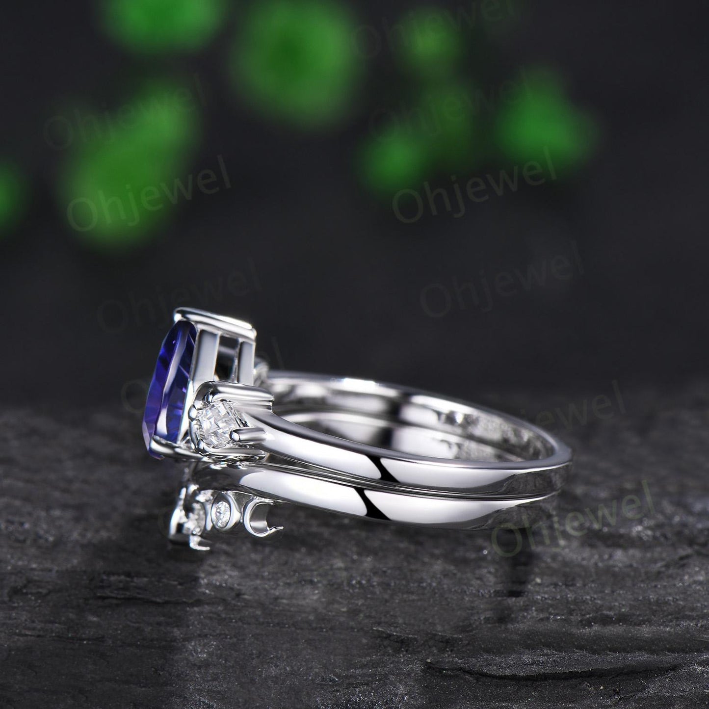 Pear fireworks cut purple sapphire engagement ring 14k white gold kite celtic knot moissanite moon bridal wedding ring set women jewelry